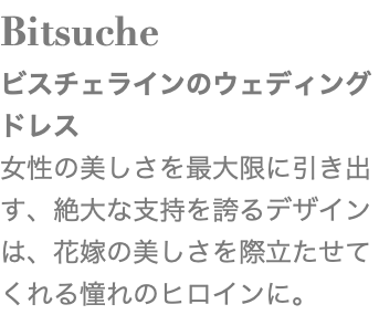 Bitsuche ビスチェラインのウェディングドレス 女性の美しさを最大限に引き出す、絶大な支持を誇るデザインは、花嫁の美しさを際立たせてくれる憧れのヒロインに。